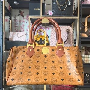MCM Cognac Visetos Satchel with Gold Hardware